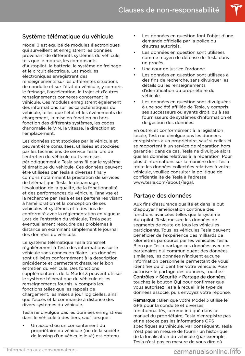 TESLA MODEL 3 2019  Manuel du propriétaire (in French) Clauses de non-responsabilit