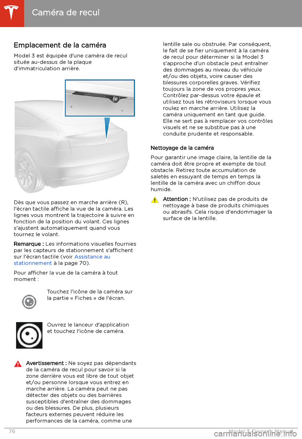 TESLA MODEL 3 2019 Manuel du propriétaire (in French) Cam TESLA MODEL 3 2019 Manuel du propriétaire (in French) Cam