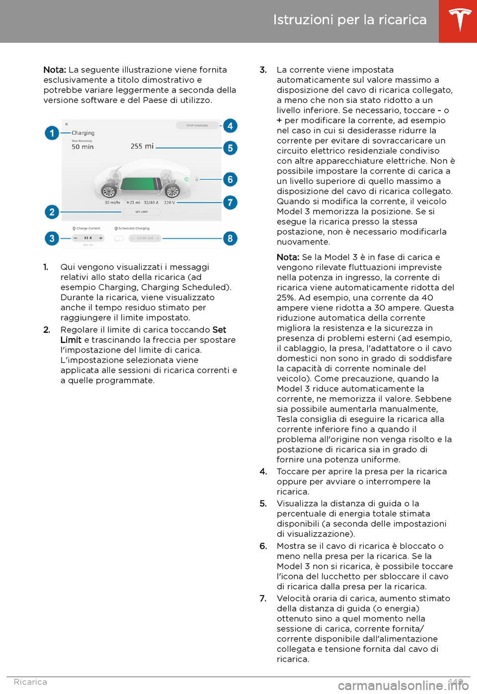 TESLA MODEL 3 2019 Manuale del proprietario (in Italian) Nota: La seguente illustrazione viene fornita
esclusivamente a titolo dimostrativo e
potrebbe variare leggermente a seconda della
versione software e del Paese di utilizzo.
1. Qui vengono visualizzati TESLA MODEL 3 2019 Manuale del proprietario (in Italian) Nota: La seguente illustrazione viene fornita
esclusivamente a titolo dimostrativo e
potrebbe variare leggermente a seconda della
versione software e del Paese di utilizzo.
1. Qui vengono visualizzati