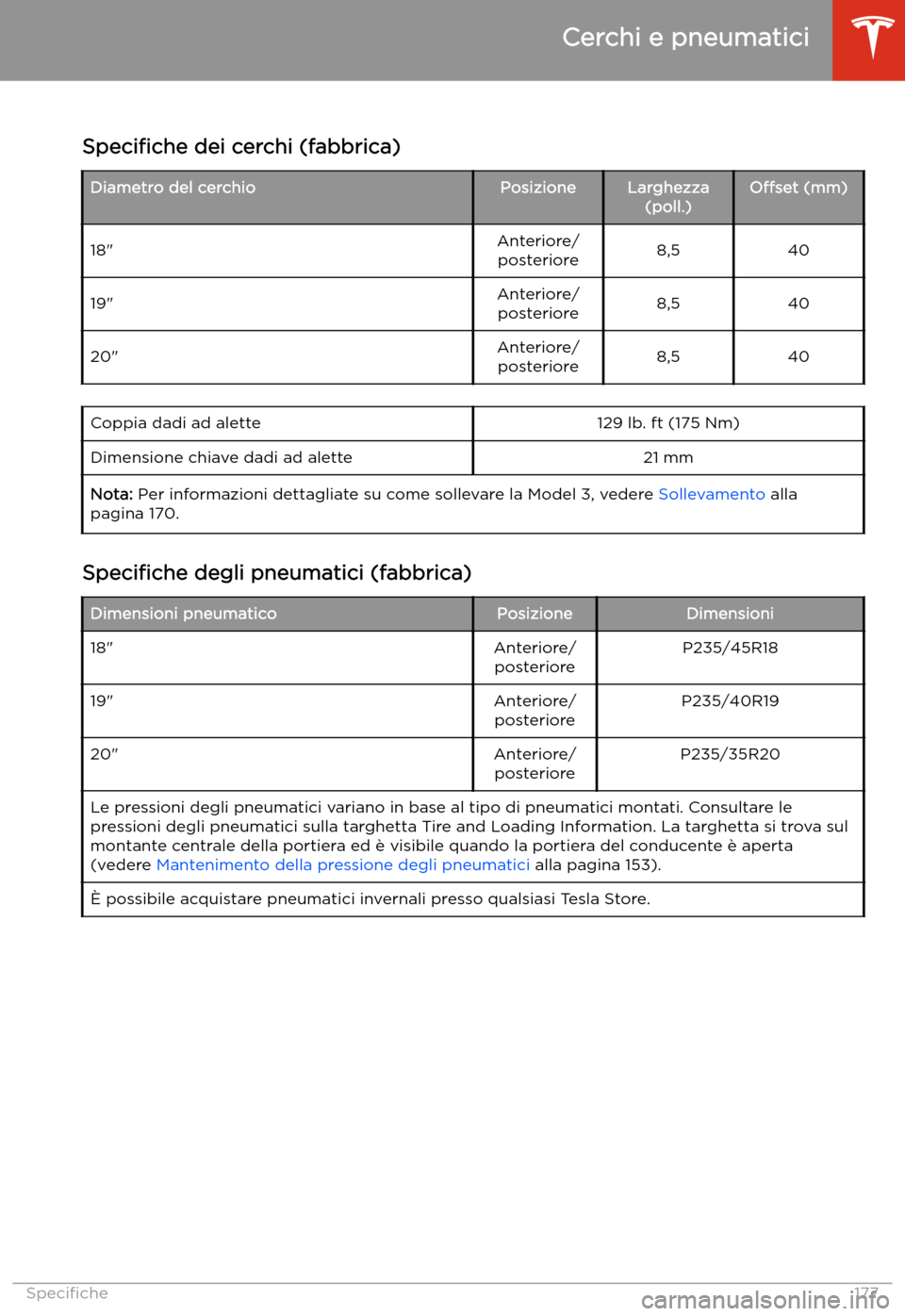 TESLA MODEL 3 2019 Manuale del proprietario (in Italian) Cerchi e pneumatici
Speci TESLA MODEL 3 2019 Manuale del proprietario (in Italian) Cerchi e pneumatici
Speci