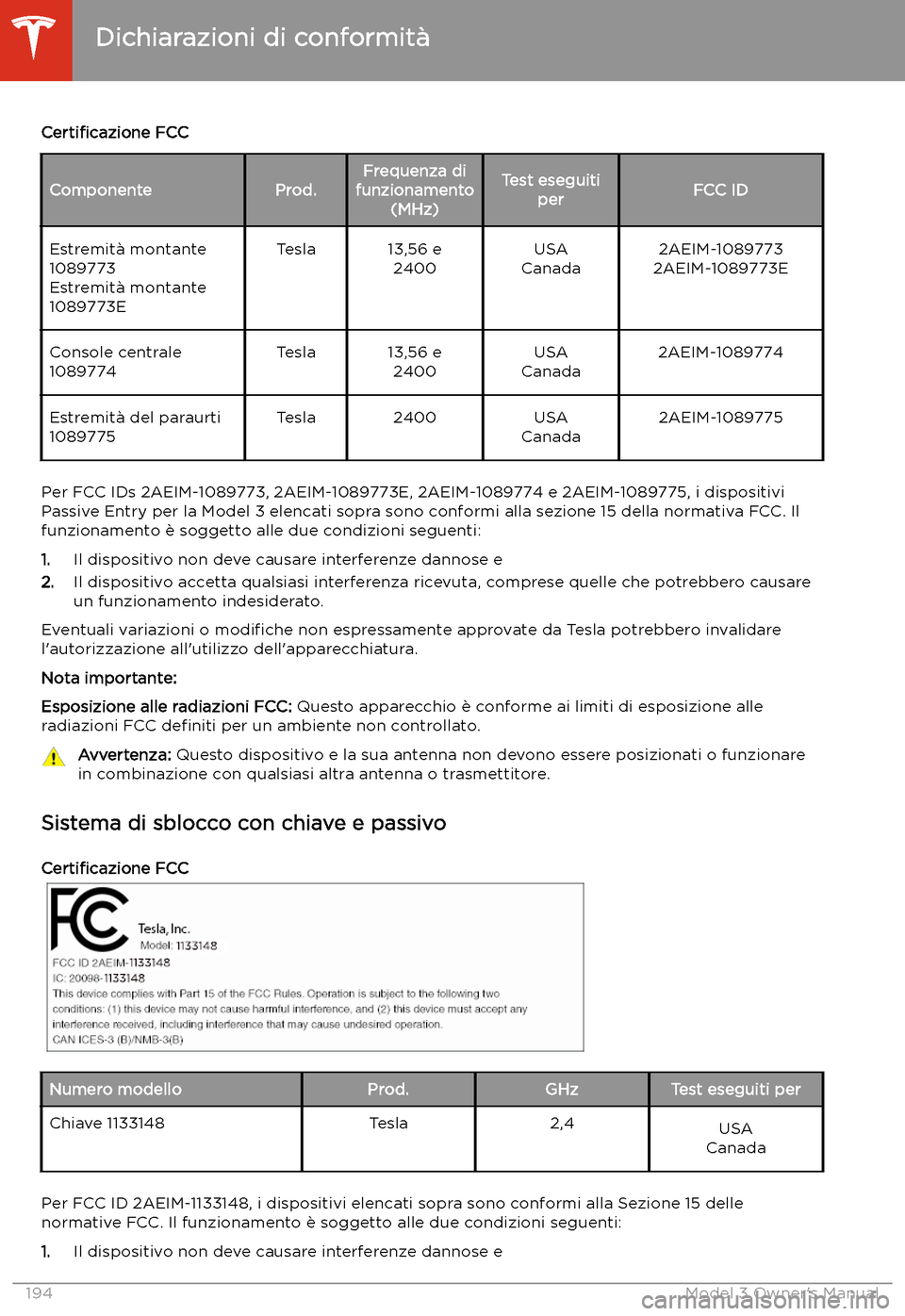 TESLA MODEL 3 2019 Manuale del proprietario (in Italian) Certi TESLA MODEL 3 2019 Manuale del proprietario (in Italian) Certi
