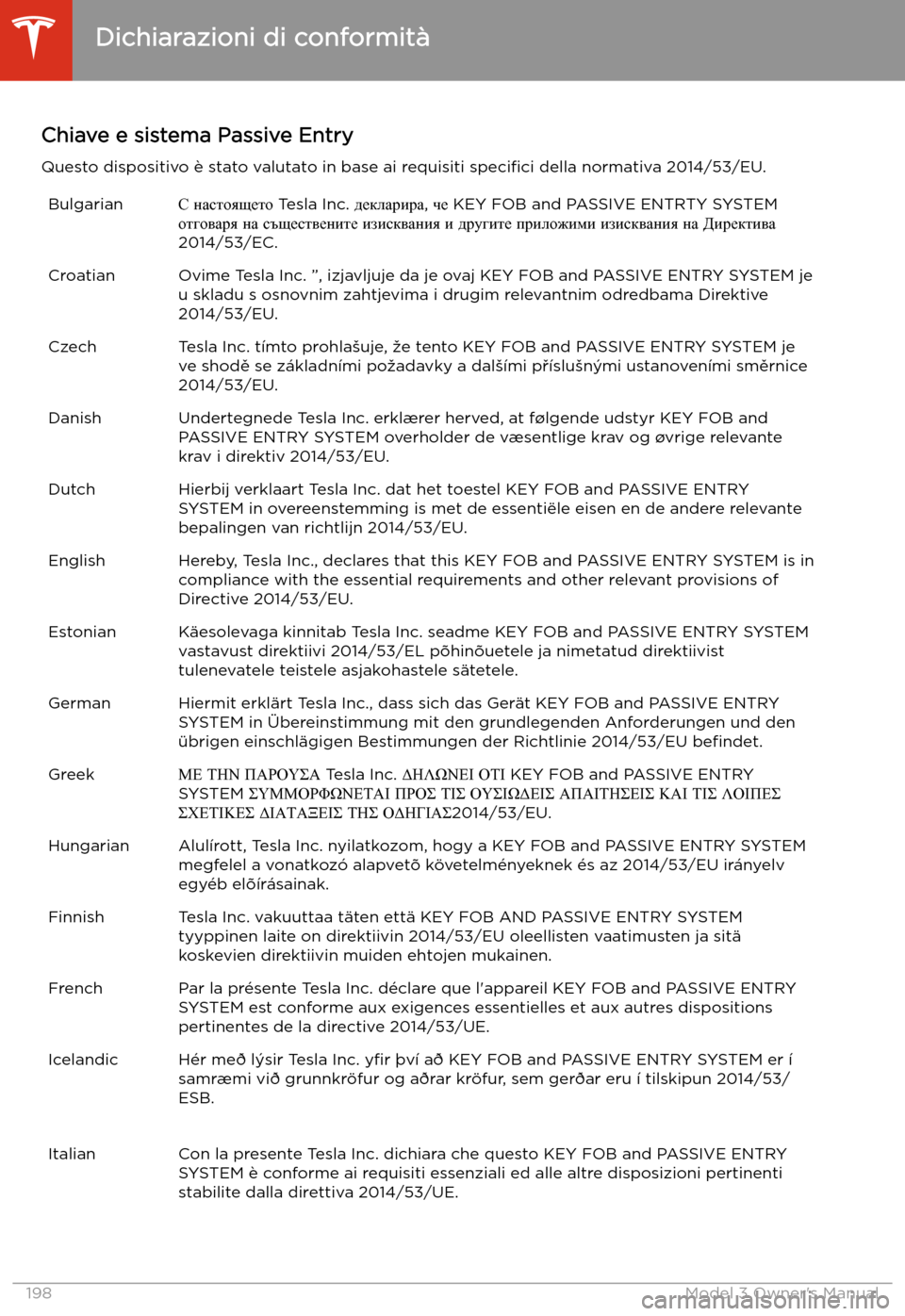 TESLA MODEL 3 2019 Manuale del proprietario (in Italian) Chiave e sistema Passive EntryQuesto dispositivo TESLA MODEL 3 2019 Manuale del proprietario (in Italian) Chiave e sistema Passive EntryQuesto dispositivo