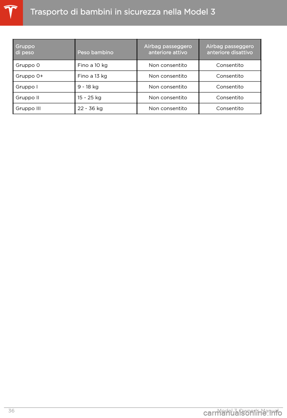 TESLA MODEL 3 2019  Manuale del proprietario (in Italian) Gruppo
di pesoPeso bambinoAirbag passeggero anteriore attivoAirbag passeggeroanteriore disattivoGruppo 0Fino a 10 kgNon consentitoConsentitoGruppo 0+Fino a 13 kgNon consentitoConsentitoGruppo I9 - 18 