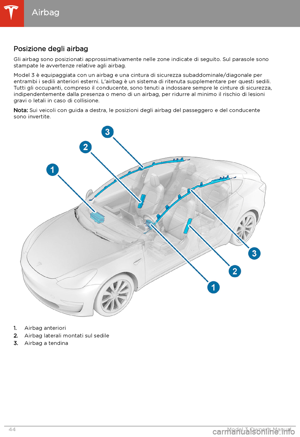 TESLA MODEL 3 2019  Manuale del proprietario (in Italian) Airbag
Posizione degli airbag
Gli airbag sono posizionati approssimativamente nelle zone indicate di seguito. Sul parasole sono stampate le avvertenze relative agli airbag.
Model 3 