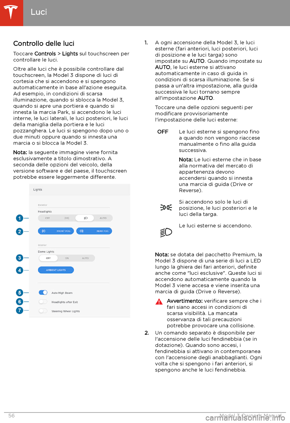 TESLA MODEL 3 2019  Manuale del proprietario (in Italian) Luci
Controllo delle luci
Toccare  Controls  > Lights  sul touchscreen per
controllare le luci.
Oltre alle luci che 
