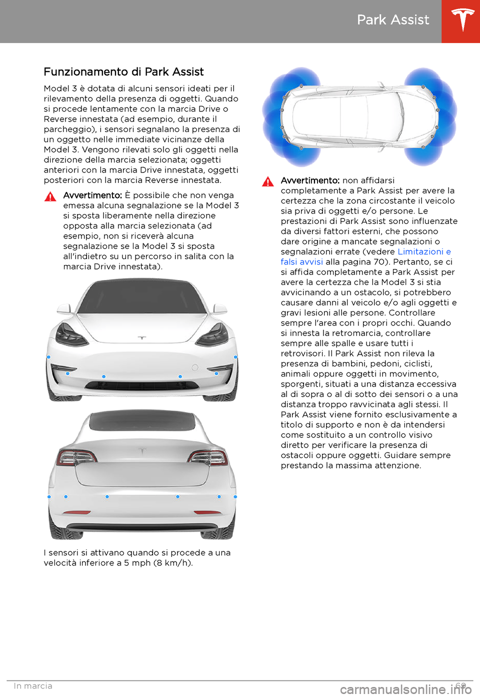 TESLA MODEL 3 2019  Manuale del proprietario (in Italian) Park Assist
Funzionamento di Park Assist Model 3 