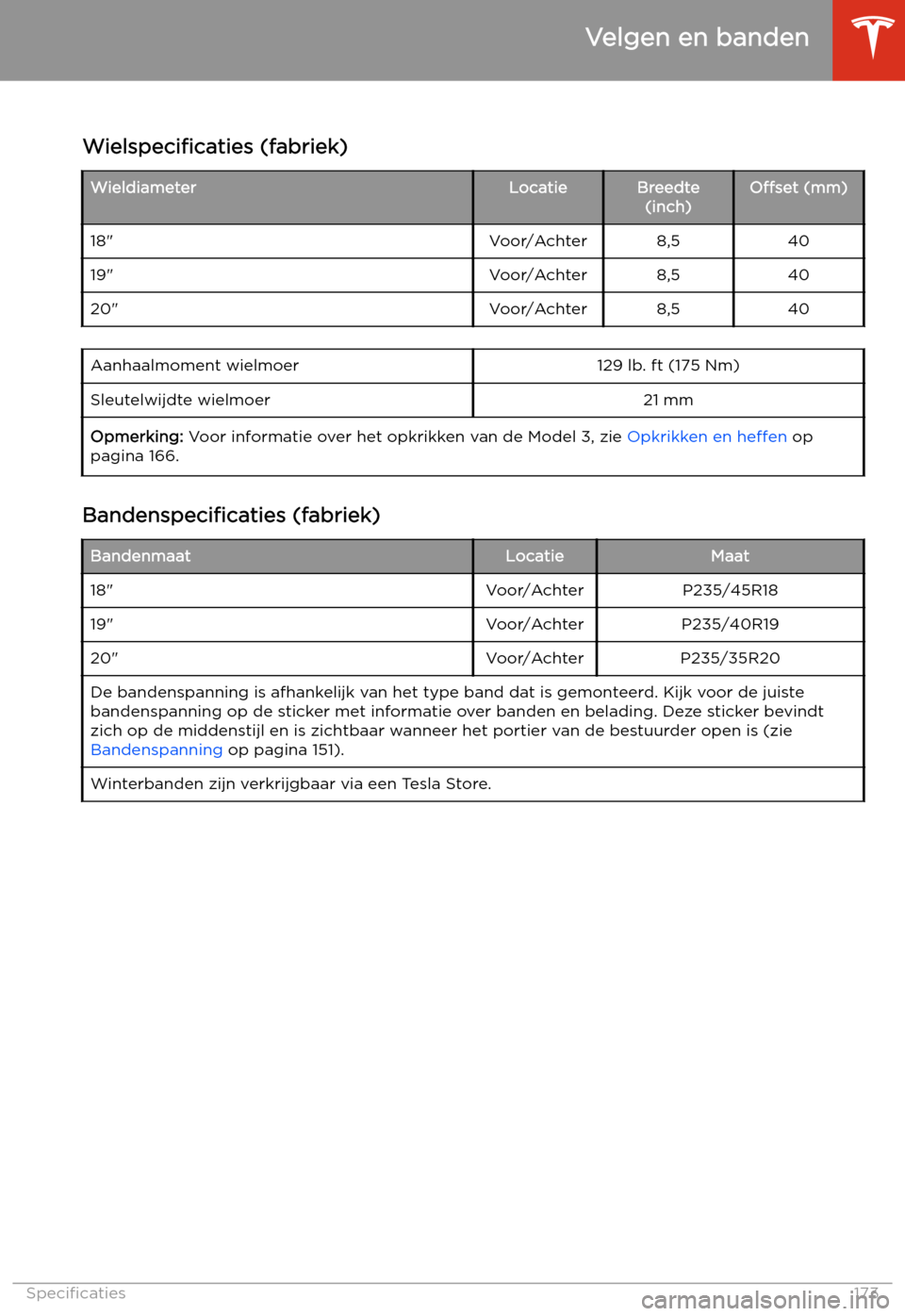 TESLA MODEL 3 2019  Handleiding (in Dutch) Velgen en banden
Wielspecificaties  (fabriek)
WieldiameterLocatieBreedte
(inch)O