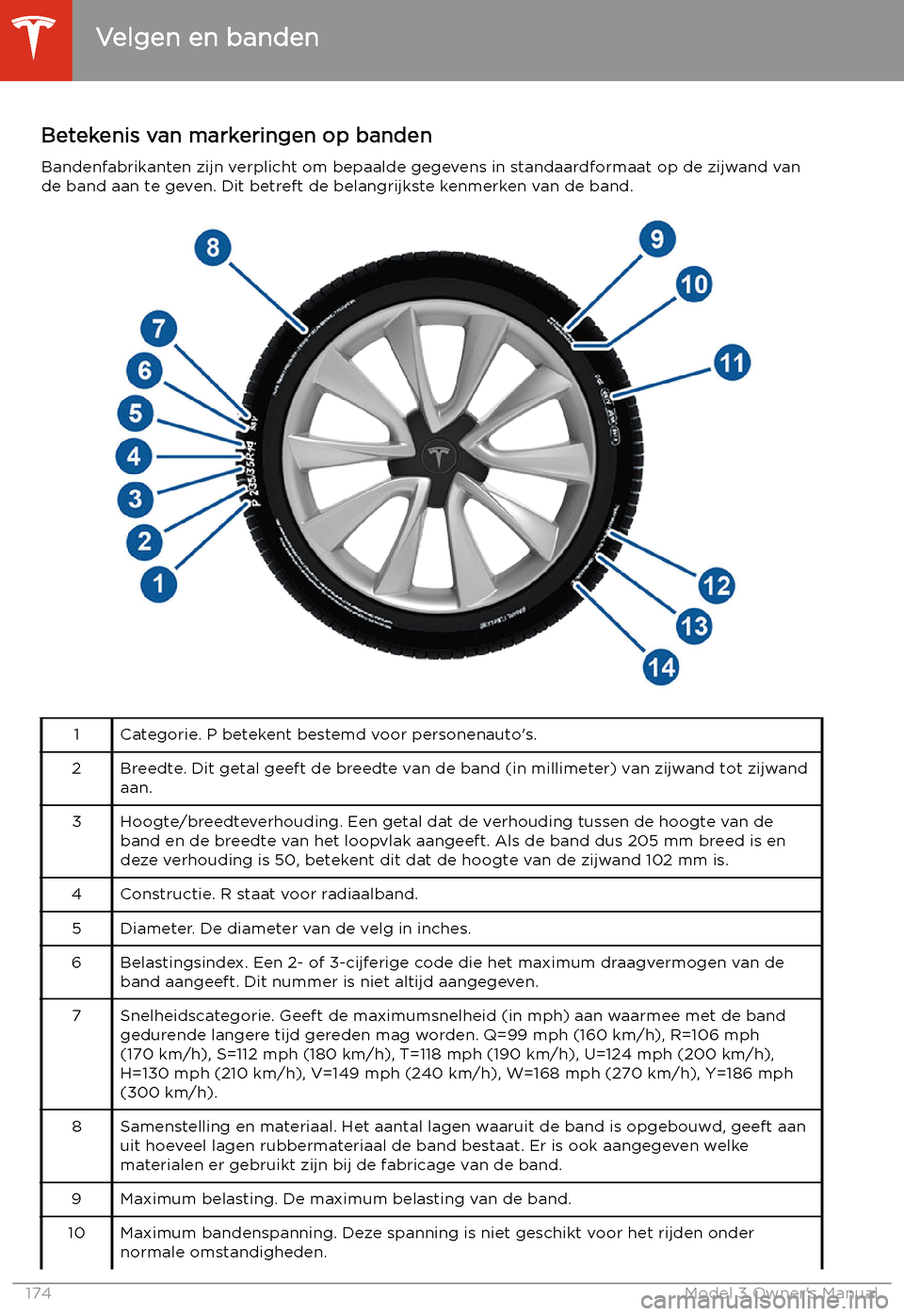 TESLA MODEL 3 2019  Handleiding (in Dutch) Betekenis van markeringen op banden
Bandenfabrikanten zijn verplicht om bepaalde gegevens in standaardformaat op de zijwand van
de band aan te geven. Dit betreft de belangrijkste kenmerken van de band