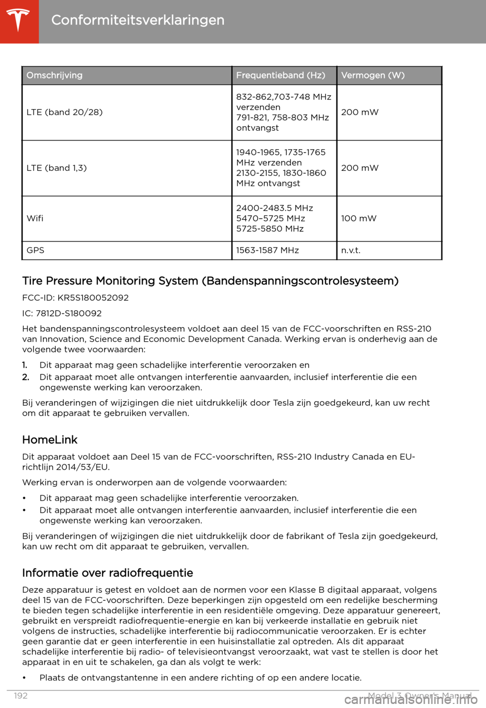 TESLA MODEL 3 2019  Handleiding (in Dutch) OmschrijvingFrequentieband (Hz)Vermogen (W)
LTE (band 20/28)
832-862,703-748 MHz
verzenden
791-821, 758-803 MHz
ontvangst
200 mWLTE (band 1,3)
1940-1965, 1735-1765
MHz verzenden
2130-2155, 1830-1860
M