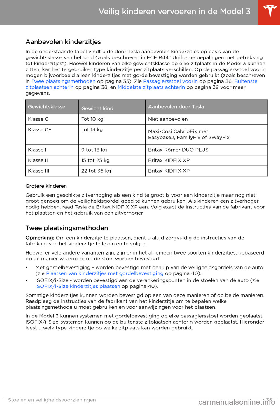 TESLA MODEL 3 2019  Handleiding (in Dutch) Aanbevolen kinderzitjes
In de onderstaande tabel vindt u de door Tesla aanbevolen kinderzitjes op basis van de
gewichtsklasse van het kind (zoals beschreven in ECE R44 "Uniforme bepalingen met betrekk