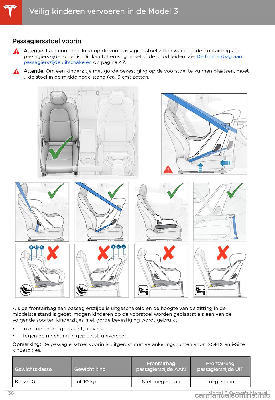 TESLA MODEL 3 2019  Handleiding (in Dutch) Passagiersstoel voorinAttentie: Laat nooit een kind op de voorpassagiersstoel zitten wanneer de frontairbag aan
passagierszijde actief is. Dit kan tot ernstig letsel of de dood leiden. Zie  De frontai