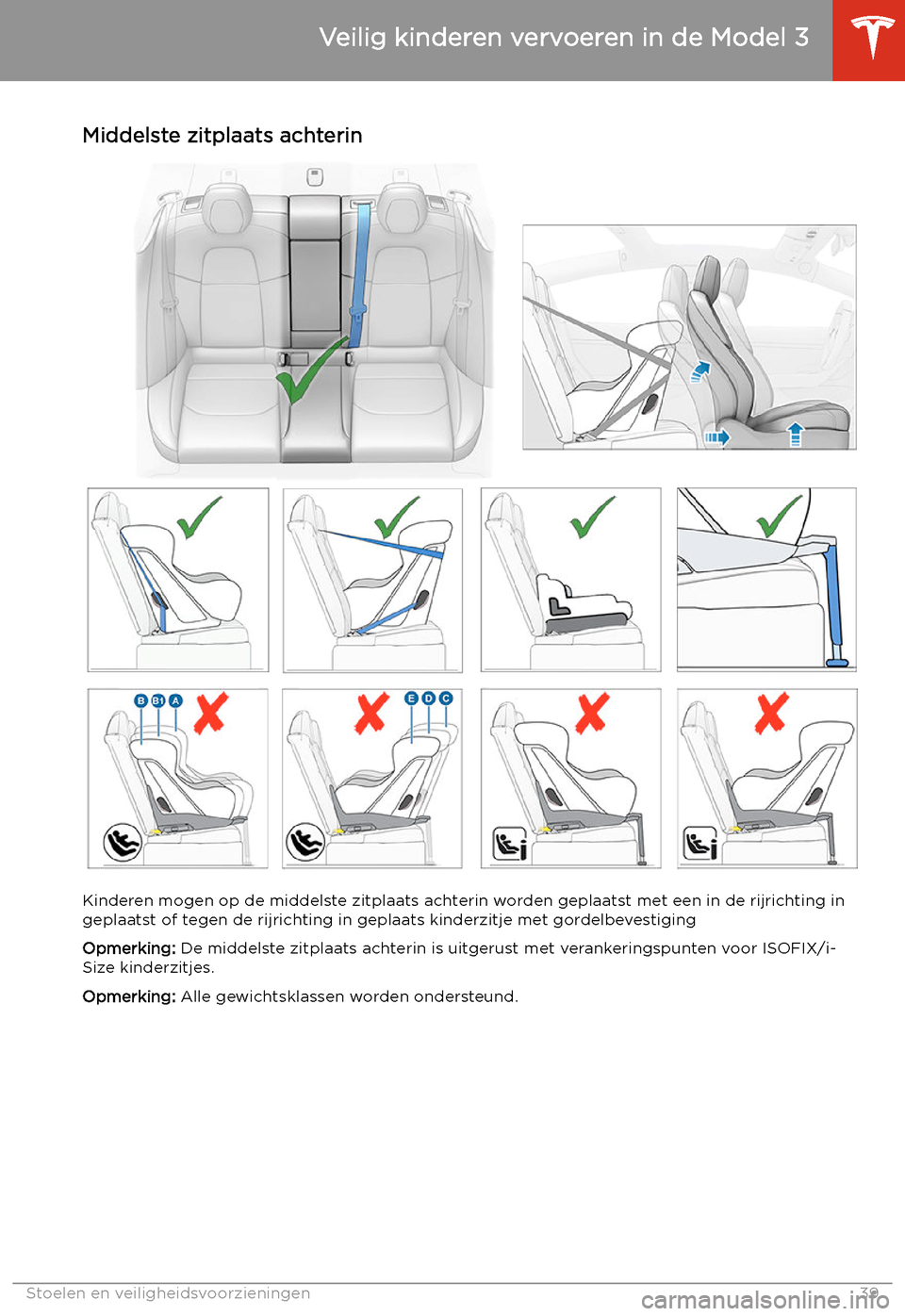 TESLA MODEL 3 2019  Handleiding (in Dutch) Middelste zitplaats achterin
Kinderen mogen op de middelste zitplaats achterin worden geplaatst met een in de rijrichting in
geplaatst of tegen de rijrichting in geplaats kinderzitje met gordelbevesti