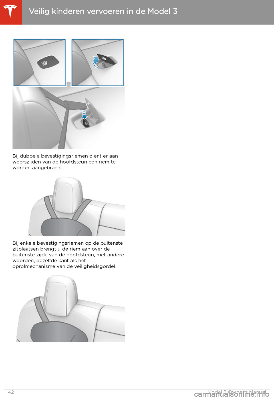 TESLA MODEL 3 2019  Handleiding (in Dutch) Bij dubbele bevestigingsriemen dient er aanweerszijden van de hoofdsteun een riem teworden aangebracht.
Bij enkele bevestigingsriemen op de buitenste
zitplaatsen brengt u de riem aan over de
buitenste