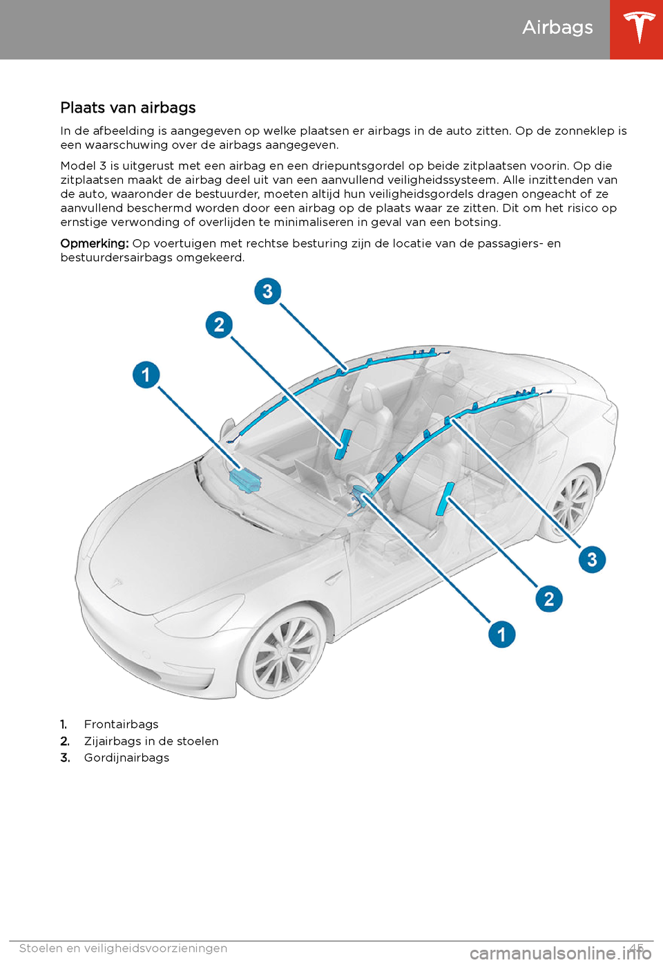 TESLA MODEL 3 2019  Handleiding (in Dutch) Airbags
Plaats van airbags
In de afbeelding is aangegeven op welke plaatsen er airbags in de auto zitten. Op de zonneklep is
een waarschuwing over de airbags aangegeven.
Model 3 is uitgerust met een a