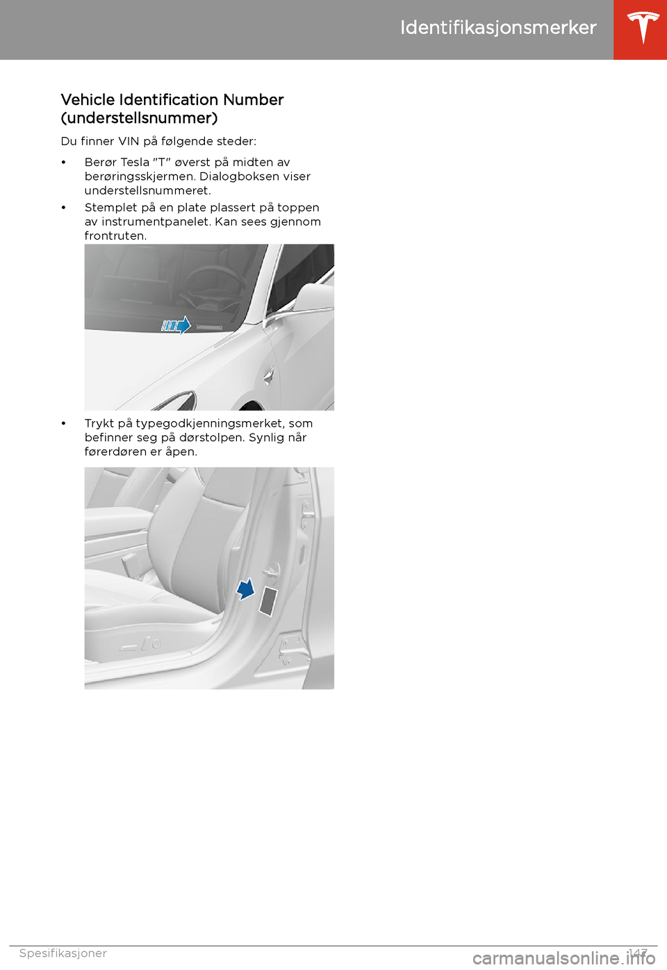 TESLA MODEL 3 2019 Brukerhåndbok (in Norwegian) Spesi TESLA MODEL 3 2019 Brukerhåndbok (in Norwegian) Spesi