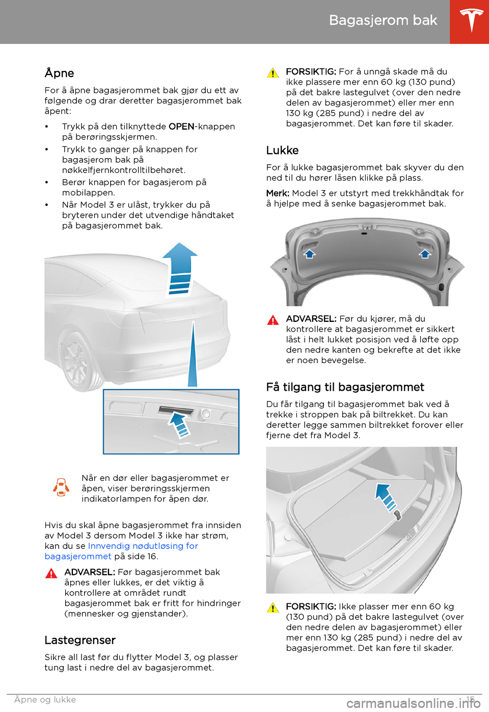 TESLA MODEL 3 2019  Brukerhåndbok (in Norwegian) Bagasjerom bak
