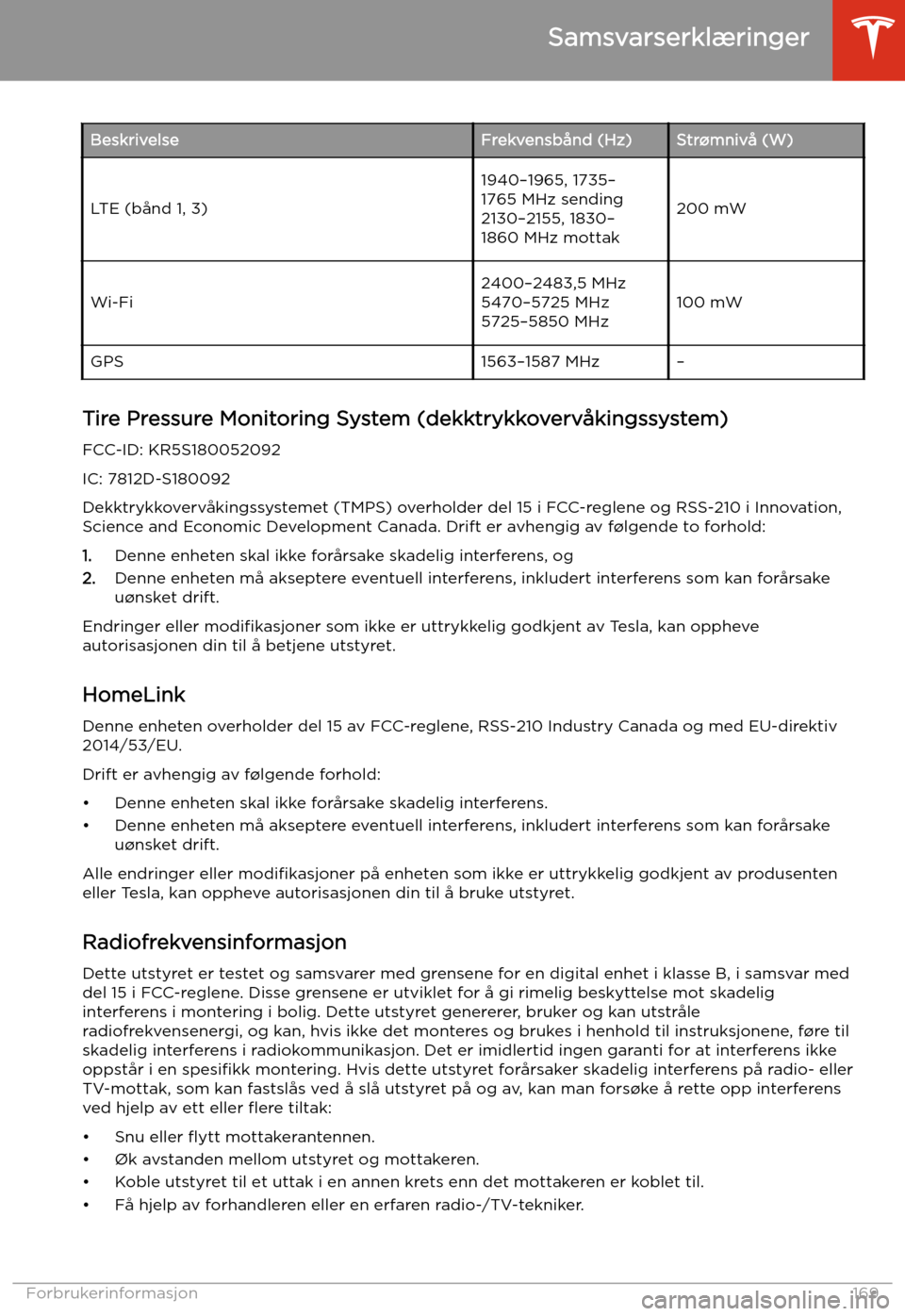 TESLA MODEL 3 2019 Brukerhåndbok (in Norwegian) BeskrivelseFrekvensb TESLA MODEL 3 2019 Brukerhåndbok (in Norwegian) BeskrivelseFrekvensb