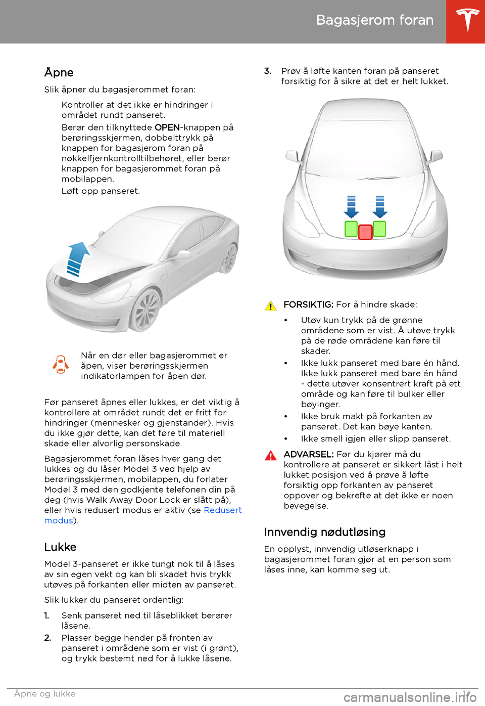 TESLA MODEL 3 2019  Brukerhåndbok (in Norwegian) Bagasjerom foran
