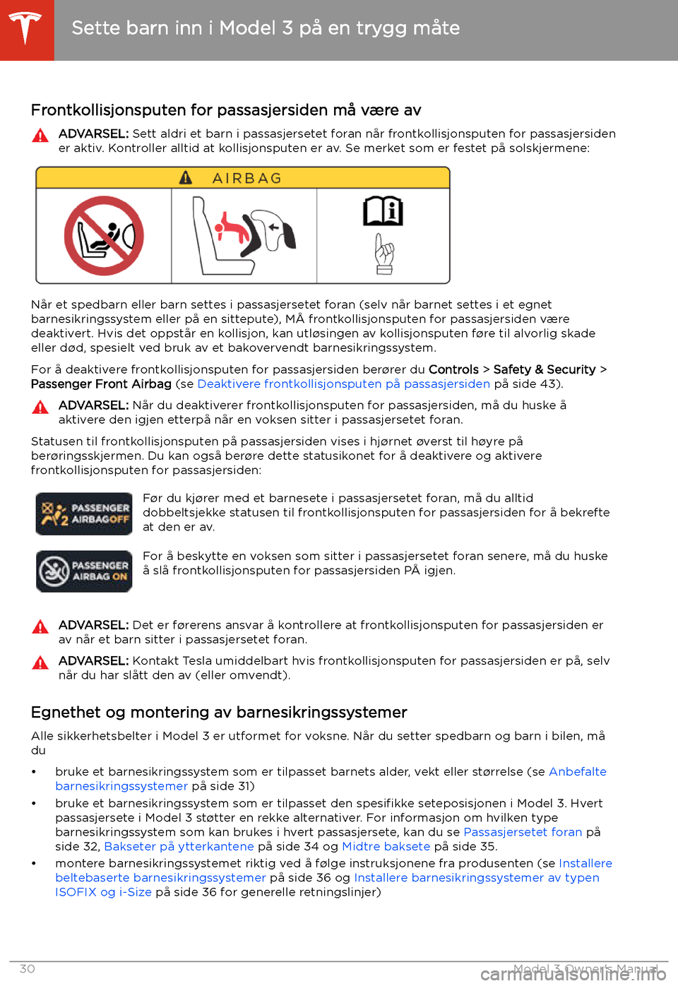 TESLA MODEL 3 2019  Brukerhåndbok (in Norwegian) Sette barn inn i Model 3 p