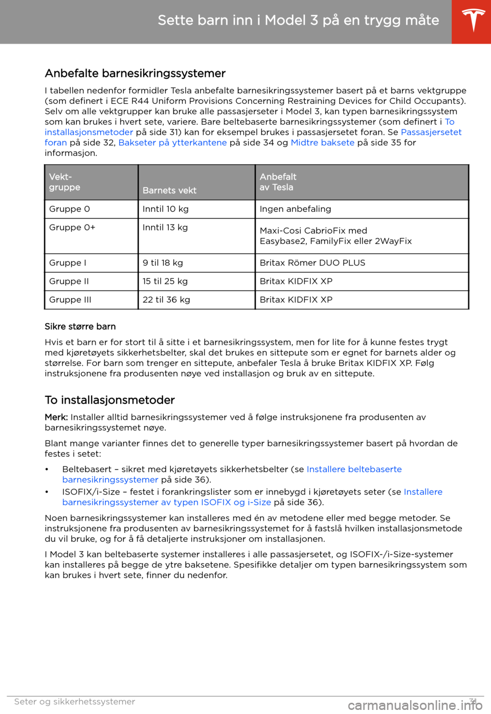 TESLA MODEL 3 2019 Brukerhåndbok (in Norwegian) Anbefalte barnesikringssystemerI tabellen nedenfor formidler Tesla anbefalte barnesikringssystemer basert p TESLA MODEL 3 2019 Brukerhåndbok (in Norwegian) Anbefalte barnesikringssystemerI tabellen nedenfor formidler Tesla anbefalte barnesikringssystemer basert p