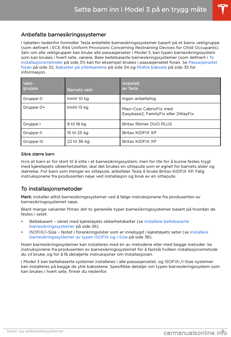 TESLA MODEL 3 2019  Brukerhåndbok (in Norwegian) Anbefalte barnesikringssystemerI tabellen nedenfor formidler Tesla anbefalte barnesikringssystemer basert p