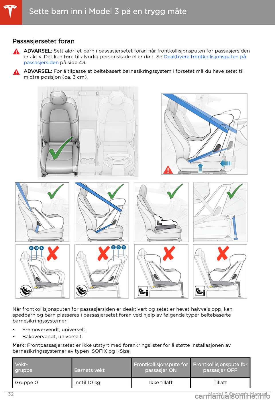 TESLA MODEL 3 2019 Brukerhåndbok (in Norwegian) Passasjersetet foranADVARSEL: Sett aldri et barn i passasjersetet foran n TESLA MODEL 3 2019 Brukerhåndbok (in Norwegian) Passasjersetet foranADVARSEL: Sett aldri et barn i passasjersetet foran n