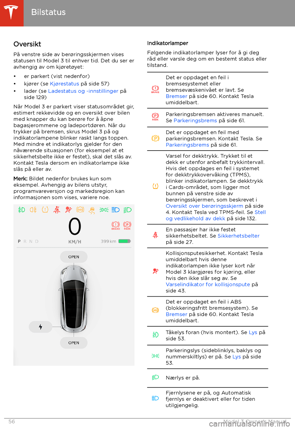 TESLA MODEL 3 2019 Brukerhåndbok (in Norwegian) Bilstatus
Oversikt P TESLA MODEL 3 2019 Brukerhåndbok (in Norwegian) Bilstatus
Oversikt P