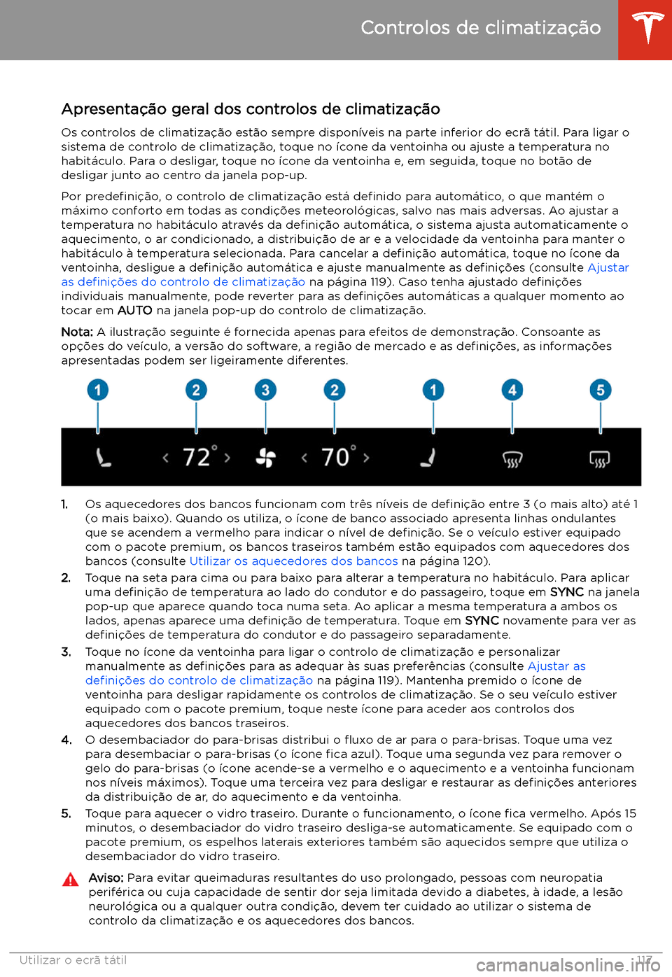TESLA MODEL 3 2019 Manual do proprietário (in Portuguese) Controlos de climatiza TESLA MODEL 3 2019 Manual do proprietário (in Portuguese) Controlos de climatiza