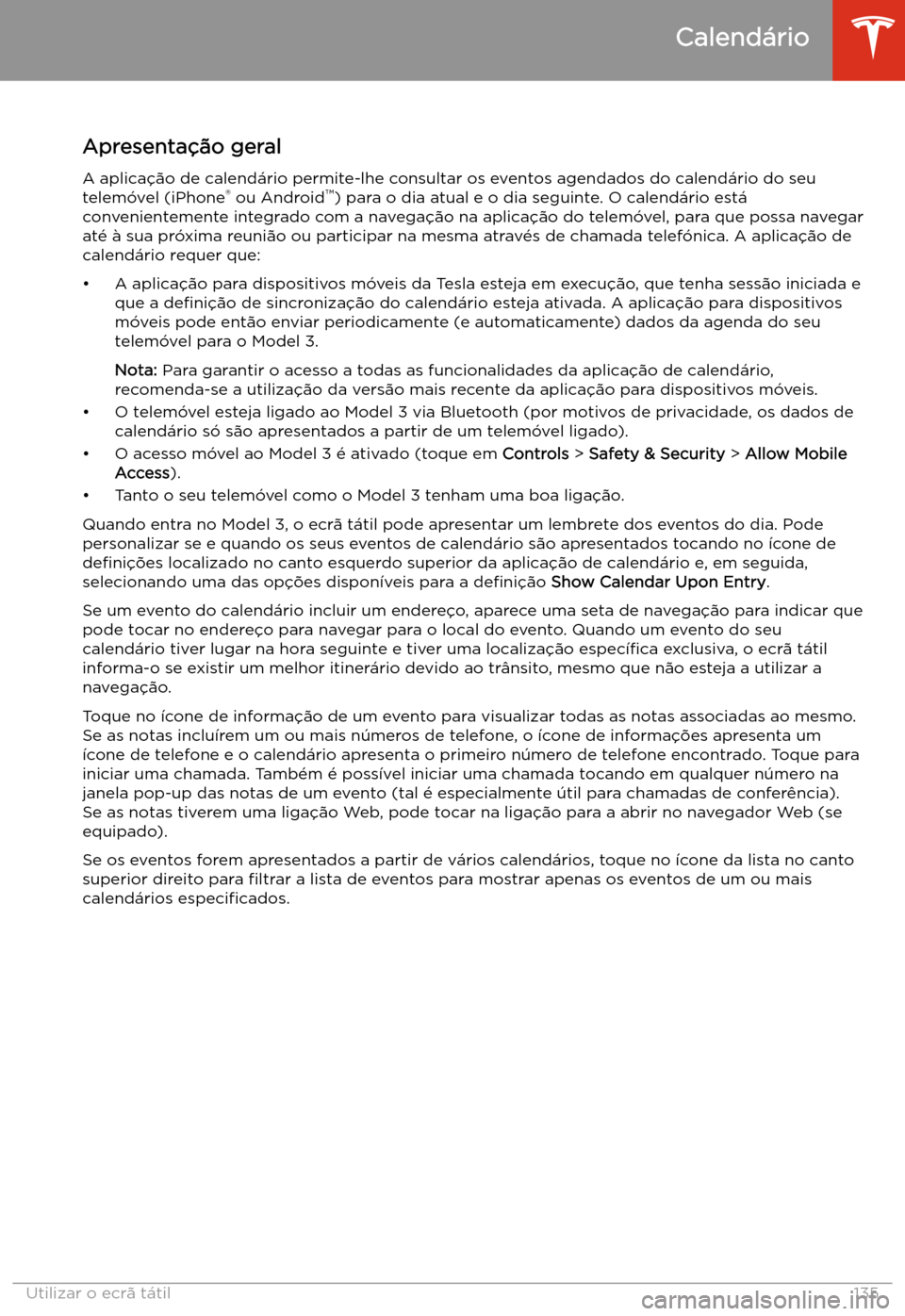 TESLA MODEL 3 2019 Manual do proprietário (in Portuguese) Calend TESLA MODEL 3 2019 Manual do proprietário (in Portuguese) Calend
