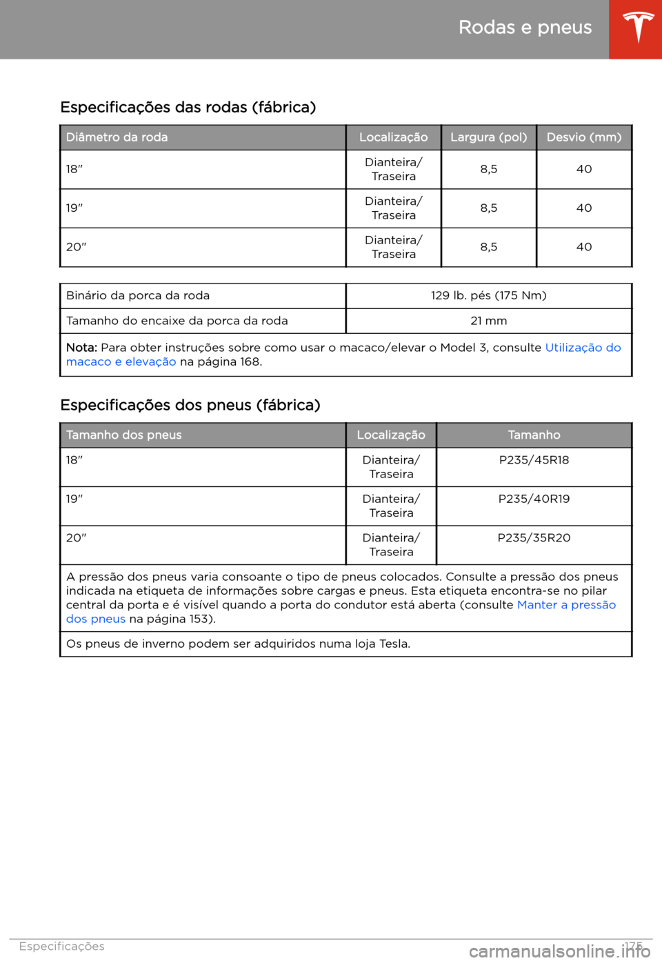 TESLA MODEL 3 2019 Manual do proprietário (in Portuguese) Rodas e pneus
Especi TESLA MODEL 3 2019 Manual do proprietário (in Portuguese) Rodas e pneus
Especi