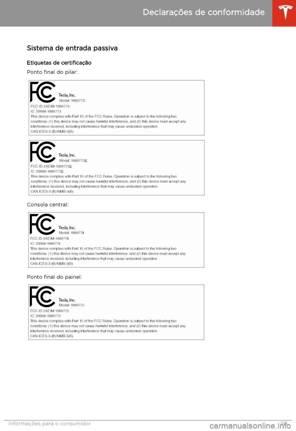 TESLA MODEL 3 2019 Manual do proprietário (in Portuguese) Declara TESLA MODEL 3 2019 Manual do proprietário (in Portuguese) Declara