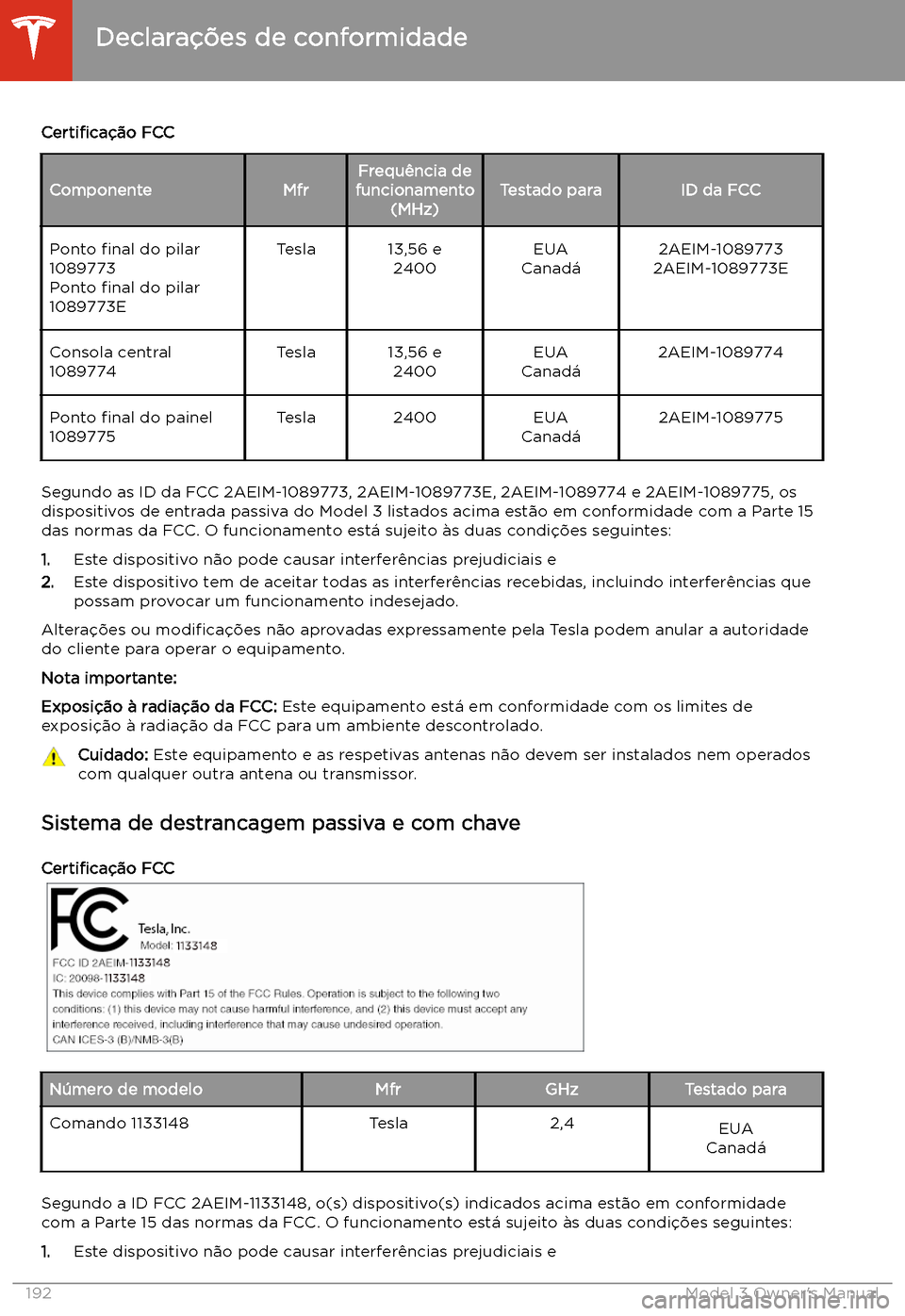 TESLA MODEL 3 2019 Manual do proprietário (in Portuguese) Certi TESLA MODEL 3 2019 Manual do proprietário (in Portuguese) Certi