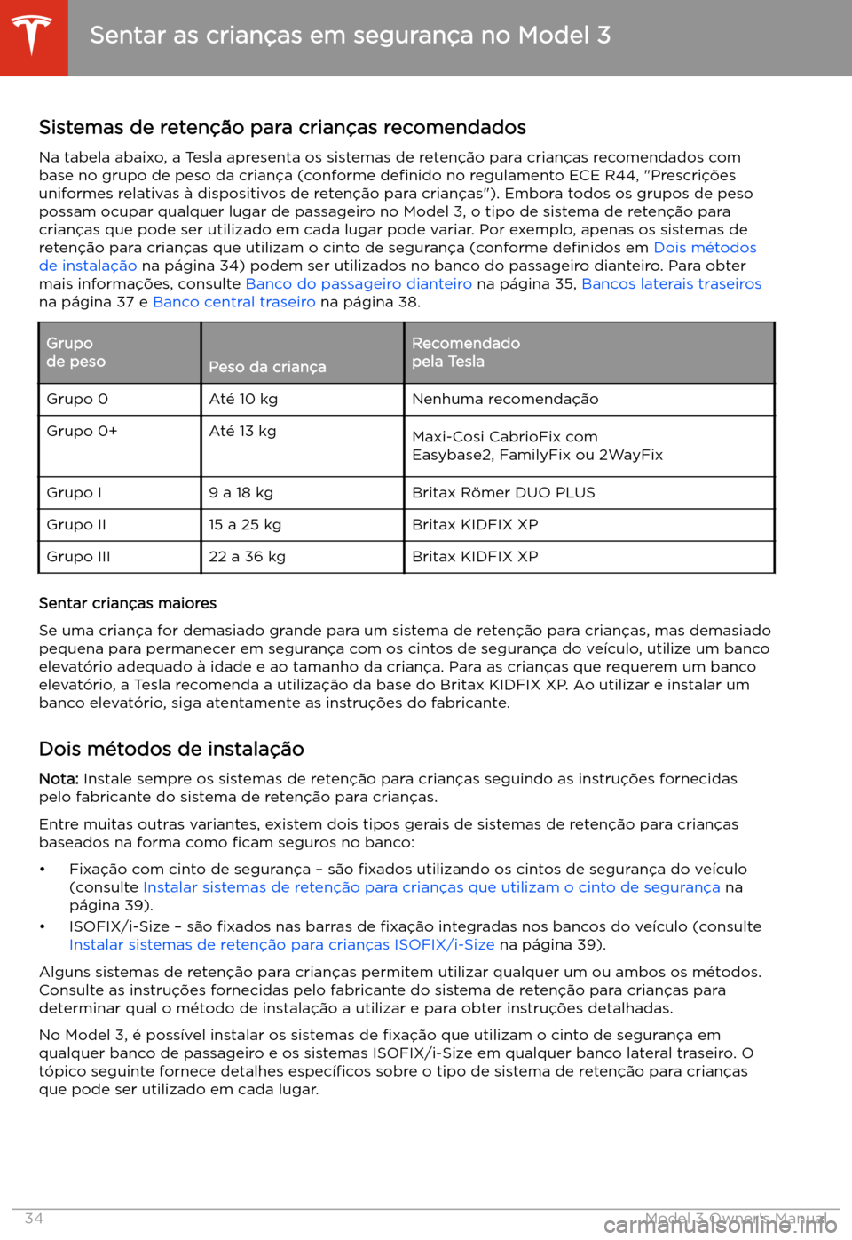 TESLA MODEL 3 2019  Manual do proprietário (in Portuguese) Sistemas de reten