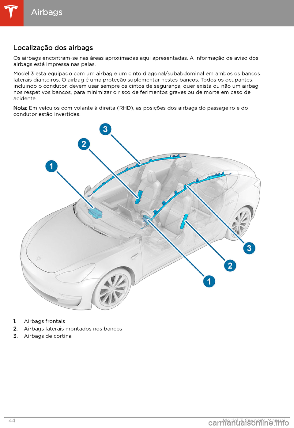 TESLA MODEL 3 2019 Manual do proprietário (in Portuguese) Airbags
Localiza TESLA MODEL 3 2019 Manual do proprietário (in Portuguese) Airbags
Localiza