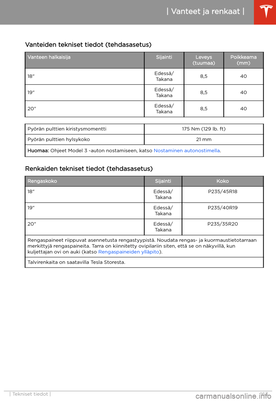 TESLA MODEL 3 2019 Omistajan käsikirja (in Finnish) Vanteet ja renkaat
Vanteiden tekniset tiedot (tehdasasetus)
Vanteen halkaisijaSijaintiLeveys
(tuumaa)Poikkeama (mm)18"Edess TESLA MODEL 3 2019 Omistajan käsikirja (in Finnish) Vanteet ja renkaat
Vanteiden tekniset tiedot (tehdasasetus)
Vanteen halkaisijaSijaintiLeveys
(tuumaa)Poikkeama (mm)18"Edess