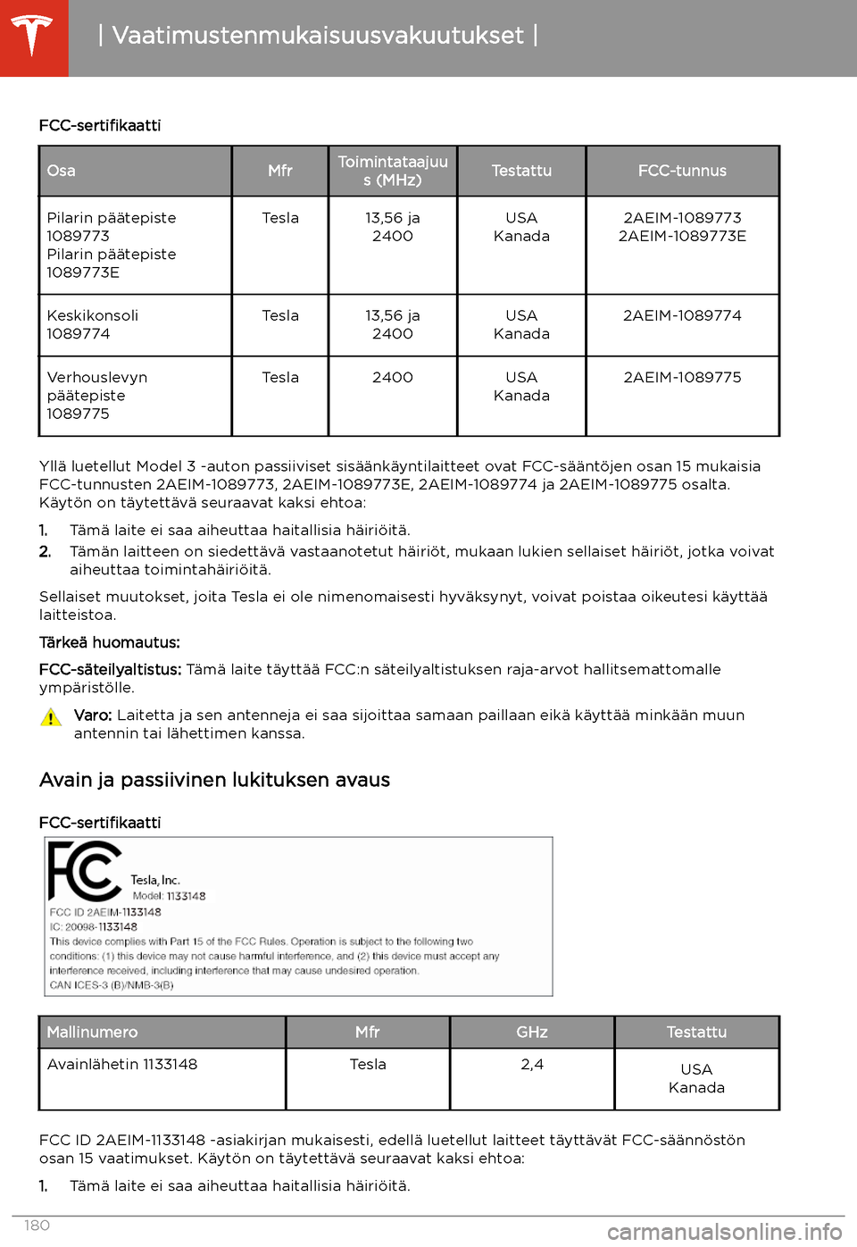 TESLA MODEL 3 2019 Omistajan käsikirja (in Finnish) FCC-sertifikaattiOsaMfrToimintataajuus (MHz)TestattuFCC-tunnusPilarin p TESLA MODEL 3 2019 Omistajan käsikirja (in Finnish) FCC-sertifikaattiOsaMfrToimintataajuus (MHz)TestattuFCC-tunnusPilarin p