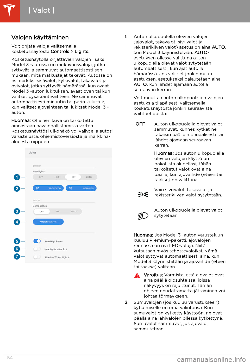TESLA MODEL 3 2019 Omistajan käsikirja (in Finnish) Valot
Valojen k TESLA MODEL 3 2019 Omistajan käsikirja (in Finnish) Valot
Valojen k