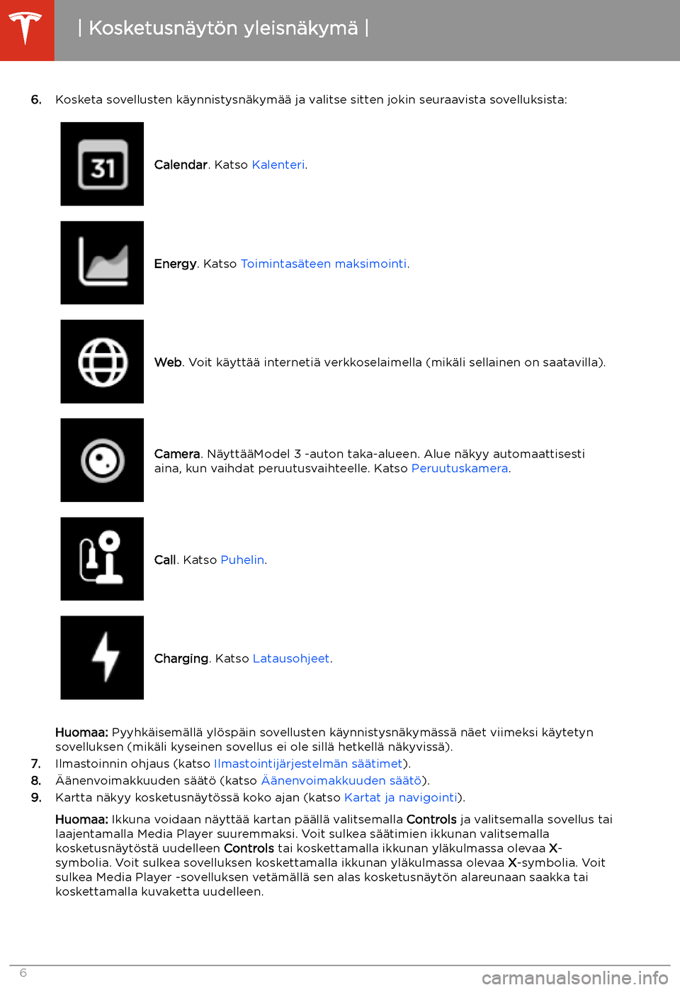 TESLA MODEL 3 2019  Omistajan käsikirja (in Finnish)  6.Kosketa sovellusten k