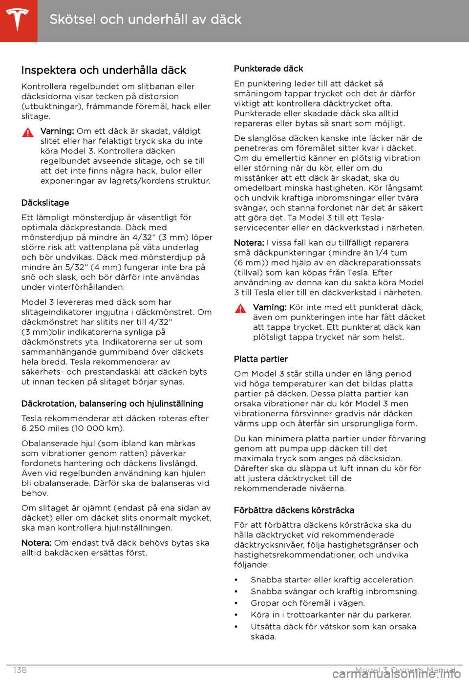 TESLA MODEL 3 2019 Ägarmanual (in Swedish) Inspektera och underh TESLA MODEL 3 2019 Ägarmanual (in Swedish) Inspektera och underh