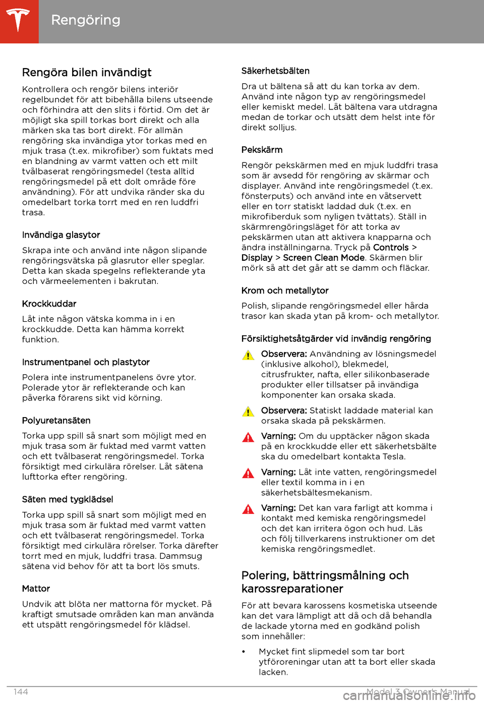 TESLA MODEL 3 2019 Ägarmanual (in Swedish) Reng TESLA MODEL 3 2019 Ägarmanual (in Swedish) Reng