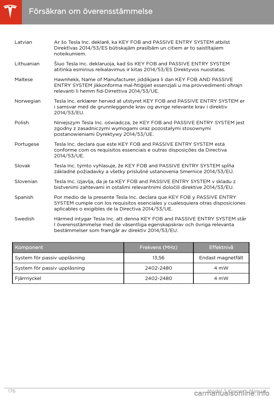 TESLA MODEL 3 2019 Ägarmanual (in Swedish) LatvianAr TESLA MODEL 3 2019 Ägarmanual (in Swedish) LatvianAr