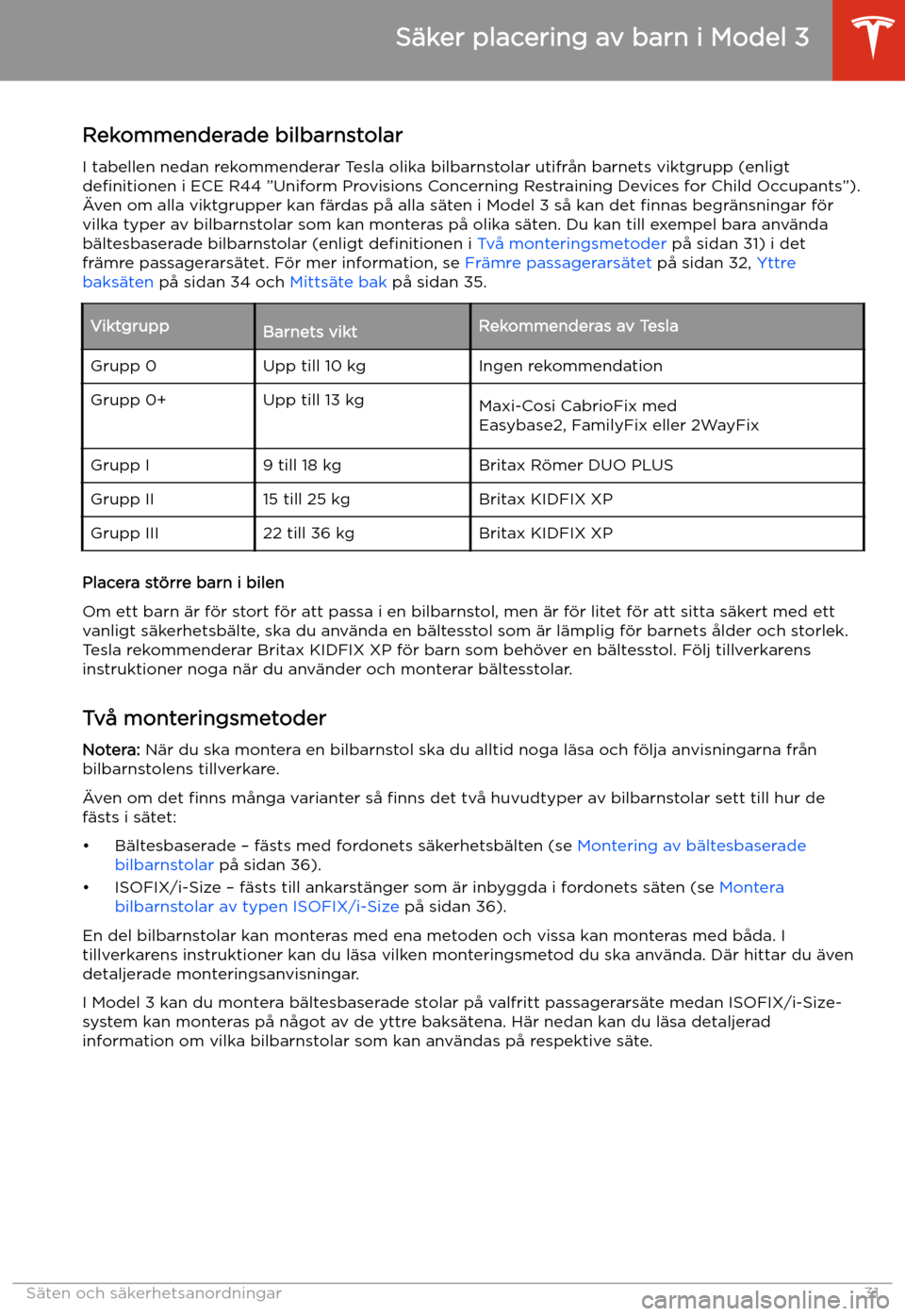 TESLA MODEL 3 2019  Ägarmanual (in Swedish) Rekommenderade bilbarnstolarI tabellen nedan rekommenderar Tesla olika bilbarnstolar utifr