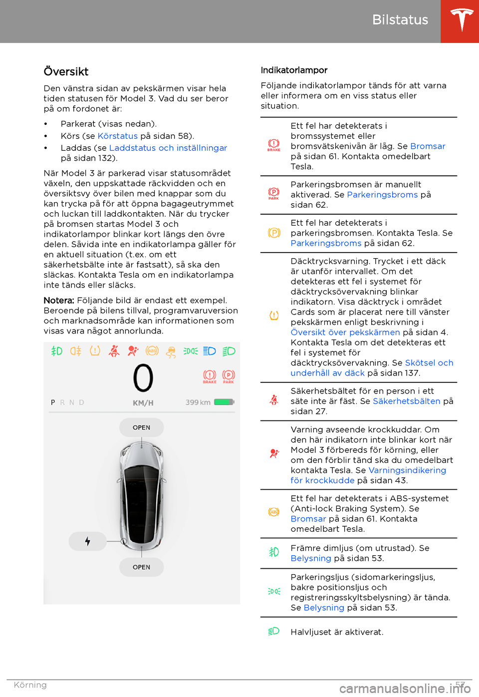TESLA MODEL 3 2019 Ägarmanual (in Swedish) Bilstatus
TESLA MODEL 3 2019 Ägarmanual (in Swedish) Bilstatus