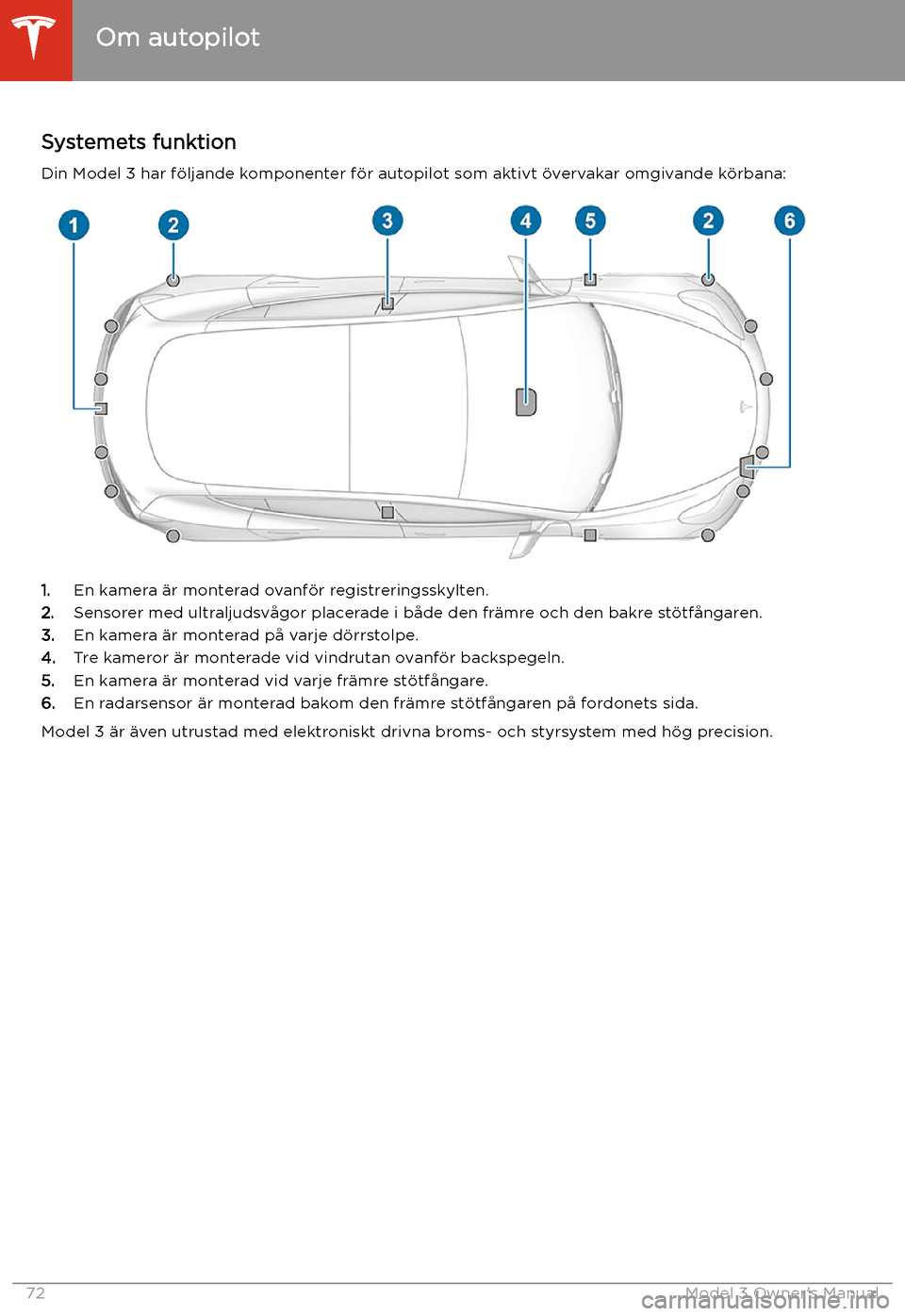 TESLA MODEL 3 2019  Ägarmanual (in Swedish) Autopilot
Om autopilot
Systemets funktion Din Model 3 har f