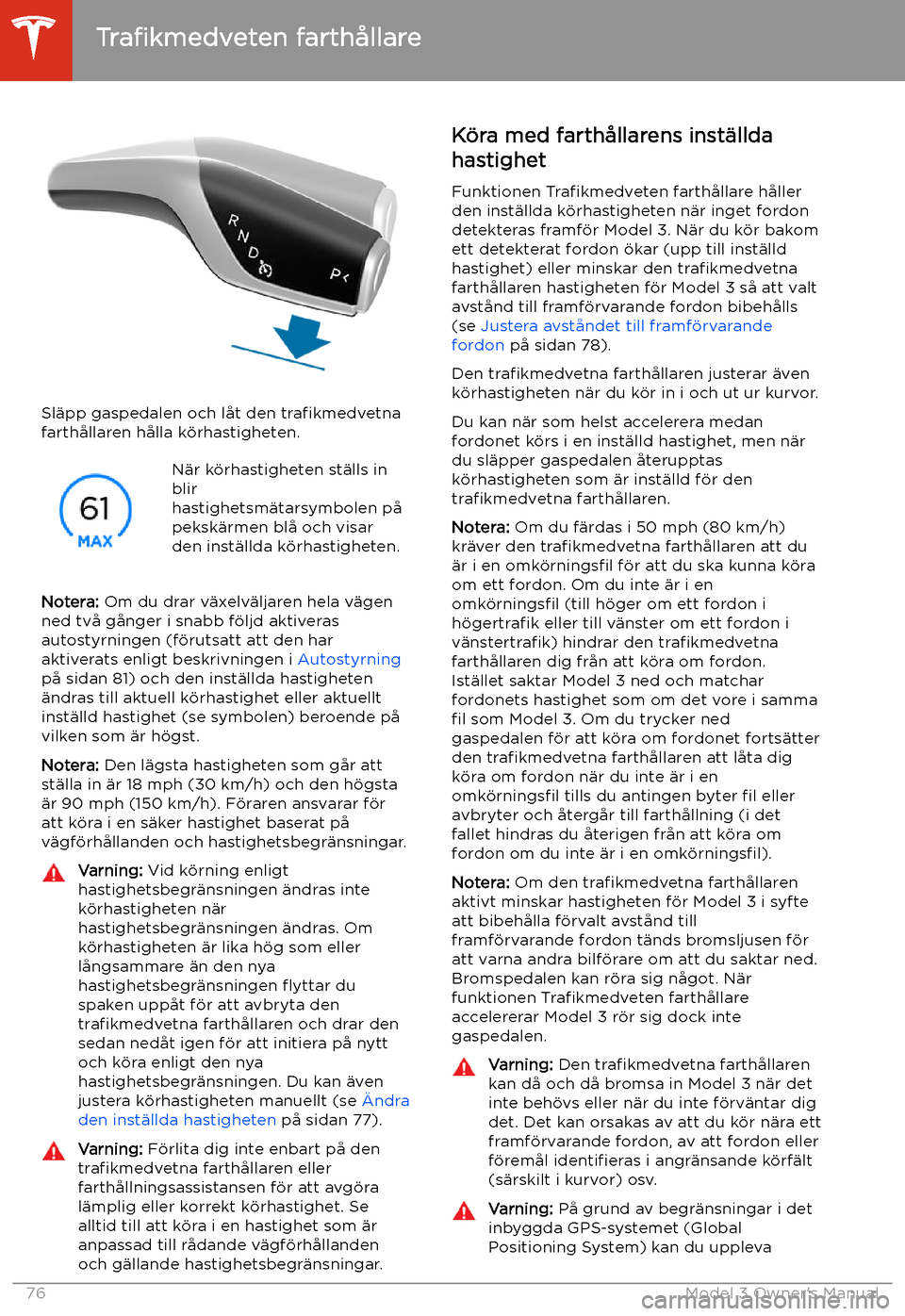 TESLA MODEL 3 2019  Ägarmanual (in Swedish) Sl