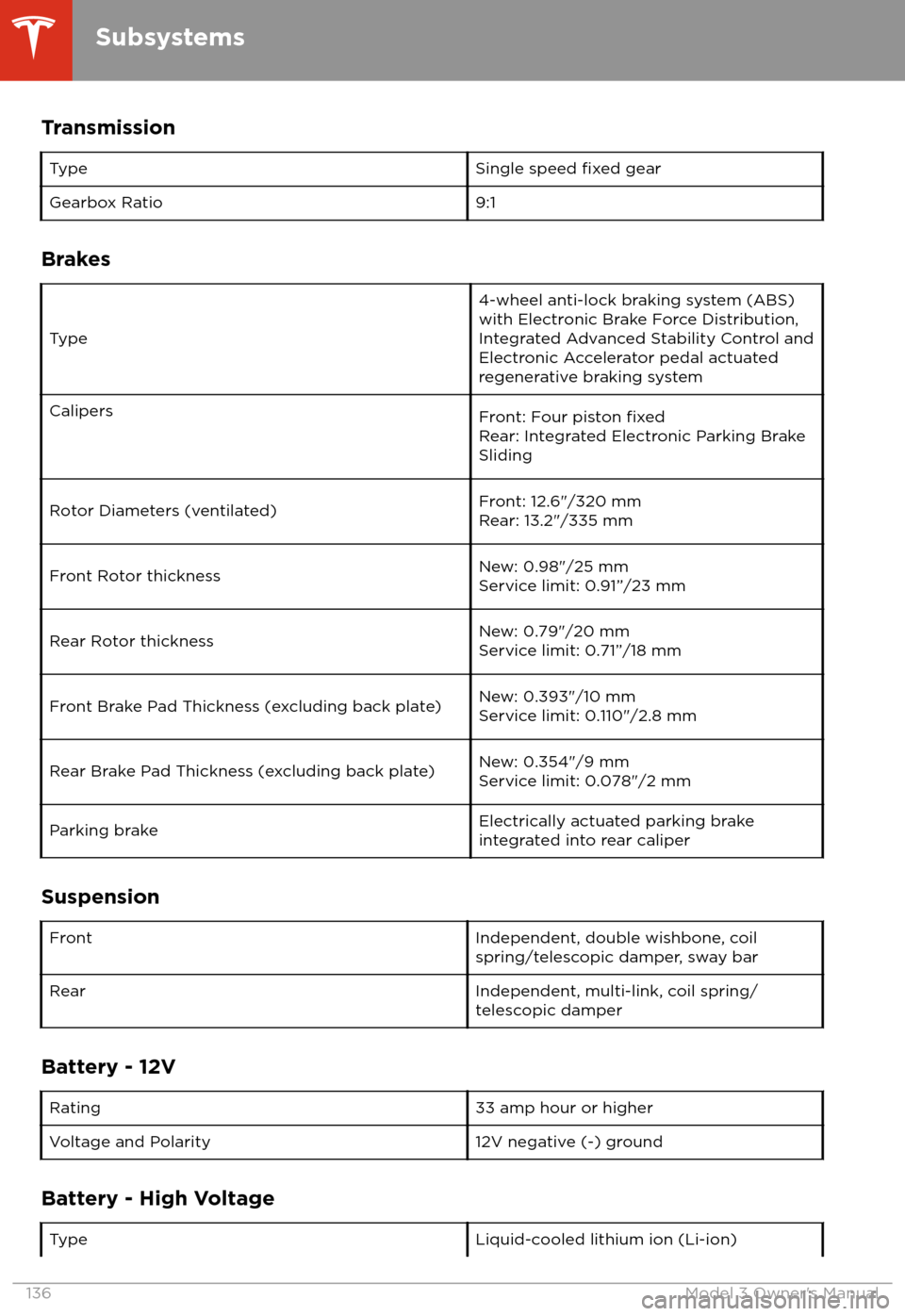 TESLA MODEL 3 2018  Owners Manual TransmissionTypeSingle speed fixed gearGearbox Ratio9:1
Brakes
Type
4-wheel anti-lock braking system (ABS)
with Electronic Brake Force Distribution,
Integrated Advanced Stability Control and
Electroni