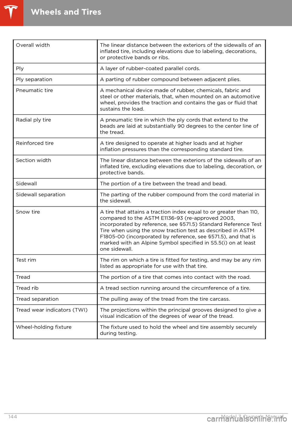 TESLA MODEL 3 2018  Owners Manual Overall widthThe linear distance between the exteriors of the sidewalls of aninflated tire, including elevations due to labeling, decorations,
or protective bands or ribs.PlyA layer of rubber-coated p