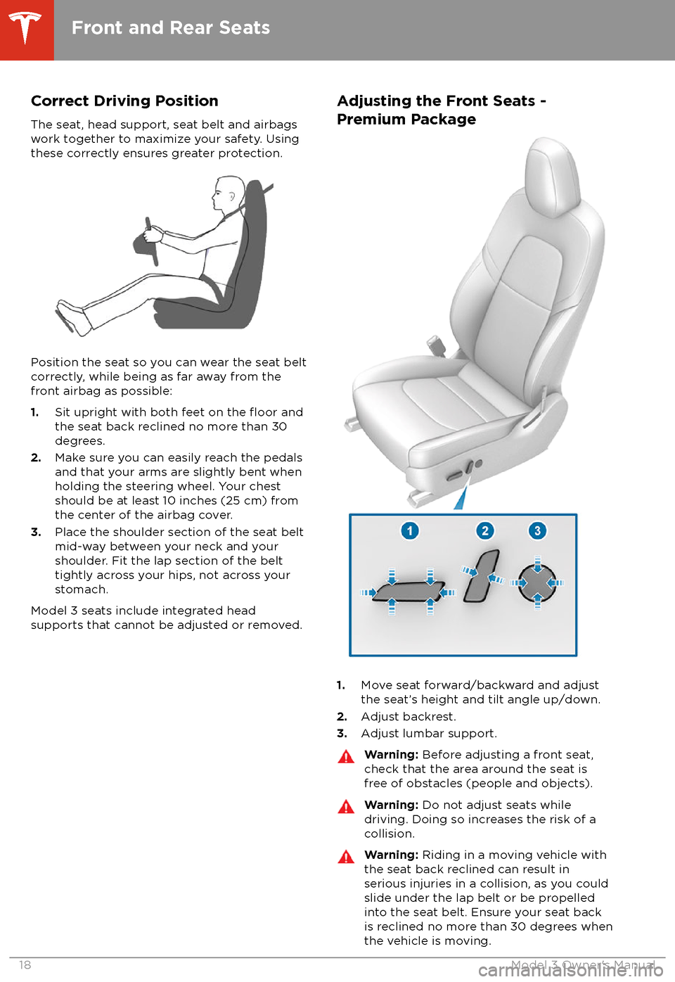 TESLA MODEL 3 2018 User Guide Correct Driving Position
The seat, head support, seat belt and airbags
work together to maximize your safety. Using
these correctly ensures greater protection.
Position the seat so you can wear the se
