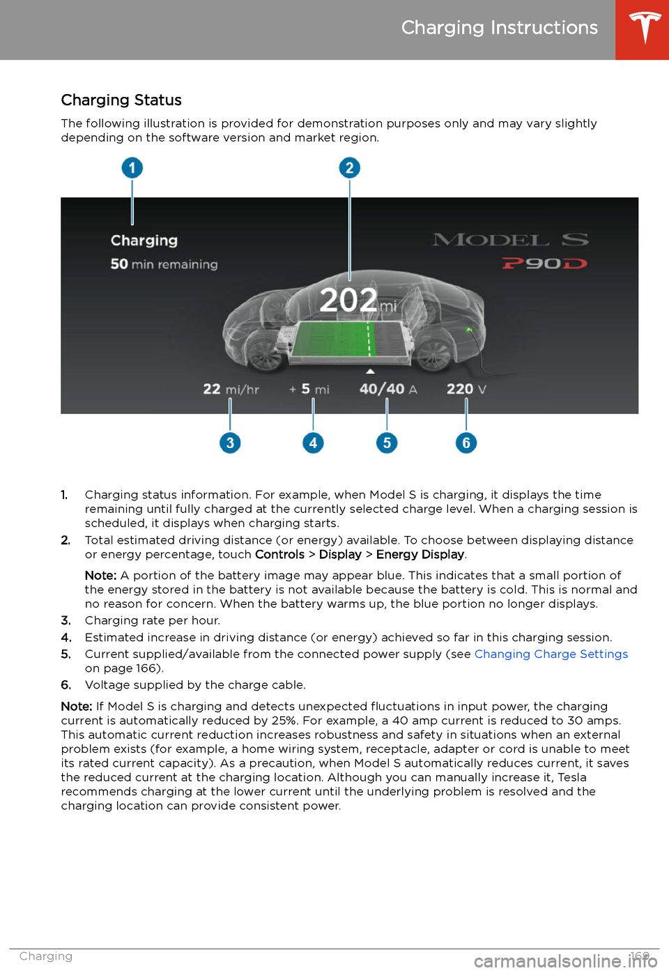 TESLA MODEL S 2020 Owners Guide Charging Status
The following illustration is provided for demonstration purposes only and may vary slightly
depending on the software version and market region.
1. Charging status information. For ex TESLA MODEL S 2020 Owners Guide Charging Status
The following illustration is provided for demonstration purposes only and may vary slightly
depending on the software version and market region.
1. Charging status information. For ex