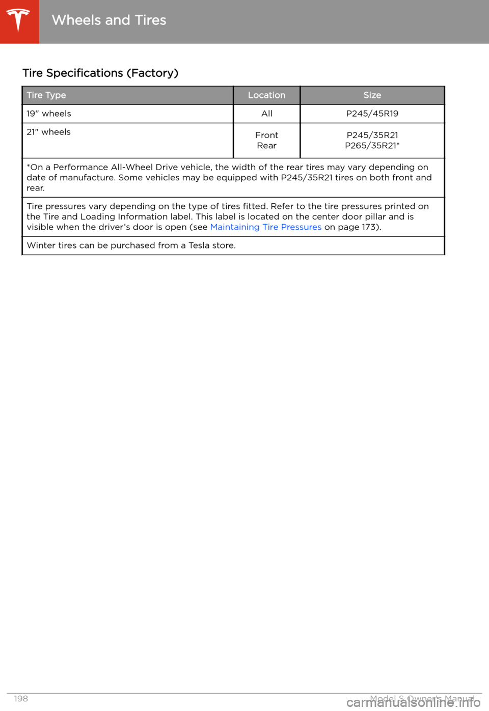 TESLA MODEL S 2020  Owners Manual Tire Specifications  (Factory)Tire TypeLocationSize19" wheelsAllP245/45R1921" wheelsFront
RearP245/35R21
P265/35R21**On a Performance All-Wheel Drive vehicle, the width of the rear tires may vary depe